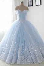 Light Blue Princess Ball Gowns Sweet 16 Gowns, Tulle Prom Dresses With Lace Applique