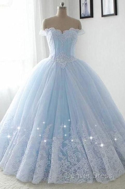 Light Blue Princess Ball Gowns Sweet 16 Gowns, Tulle Prom Dresses With Lace Applique