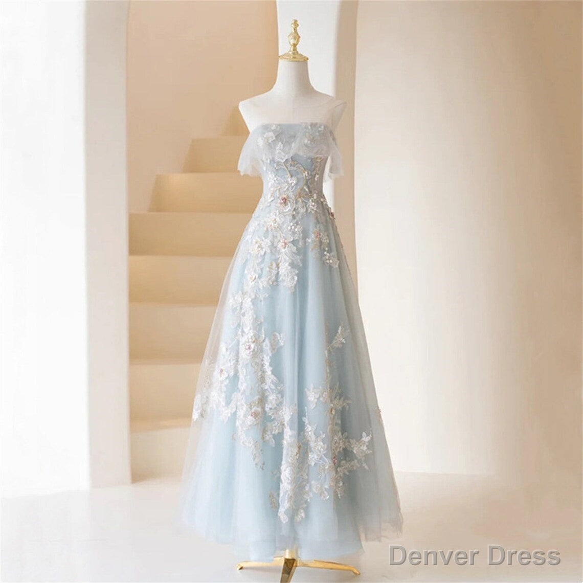 Light Blue Prom Dress Fairy,Long Blue Tulle Floral Appliques Prom Dresses