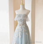 Light Blue Prom Dress Fairy,Long Blue Tulle Floral Appliques Prom Dresses
