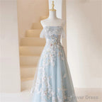Light Blue Prom Dress Fairy,Long Blue Tulle Floral Appliques Prom Dresses