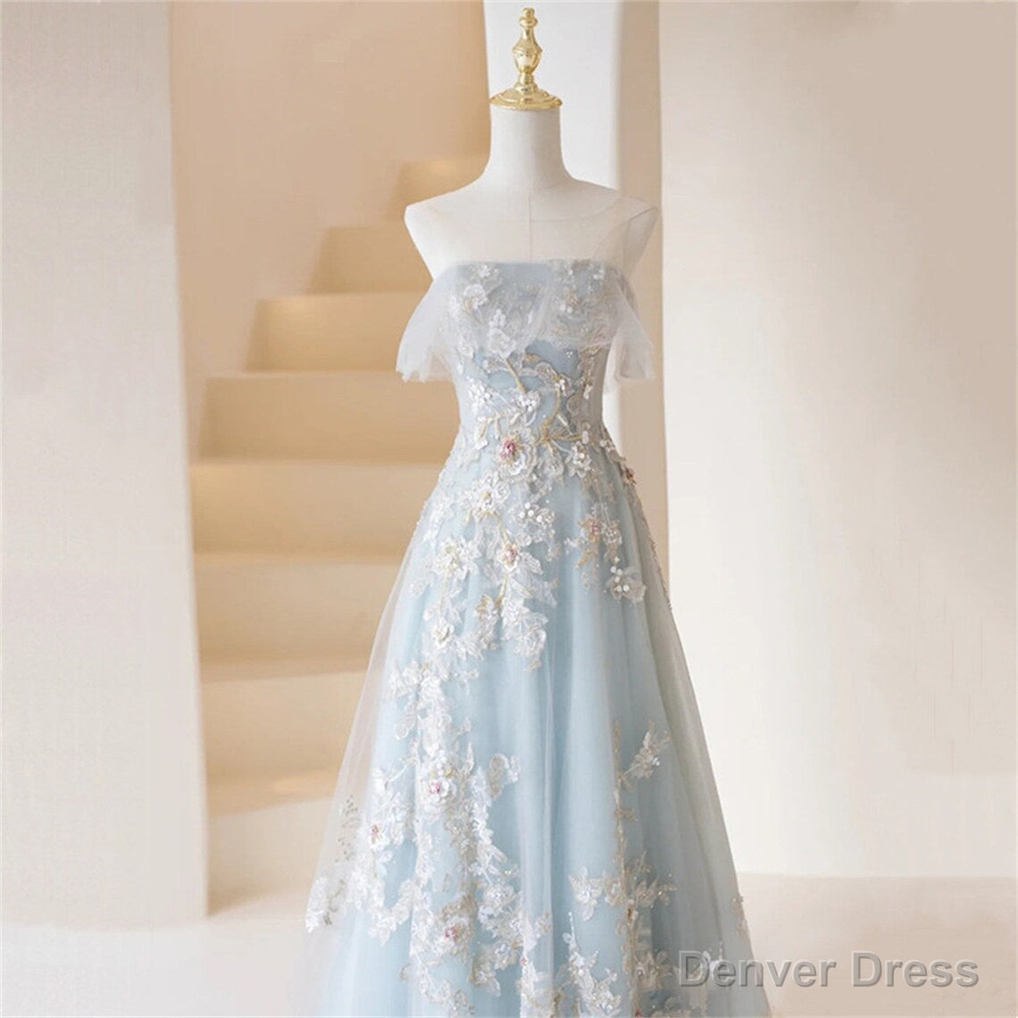 Light Blue Prom Dress Fairy,Long Blue Tulle Floral Appliques Prom Dresses