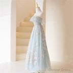Light Blue Prom Dress Fairy,Long Blue Tulle Floral Appliques Prom Dresses