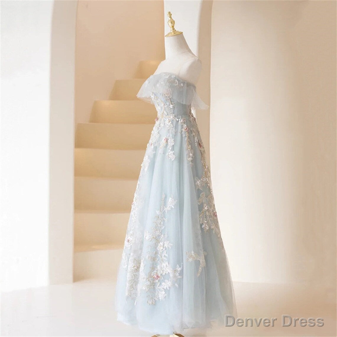 Light Blue Prom Dress Fairy,Long Blue Tulle Floral Appliques Prom Dresses