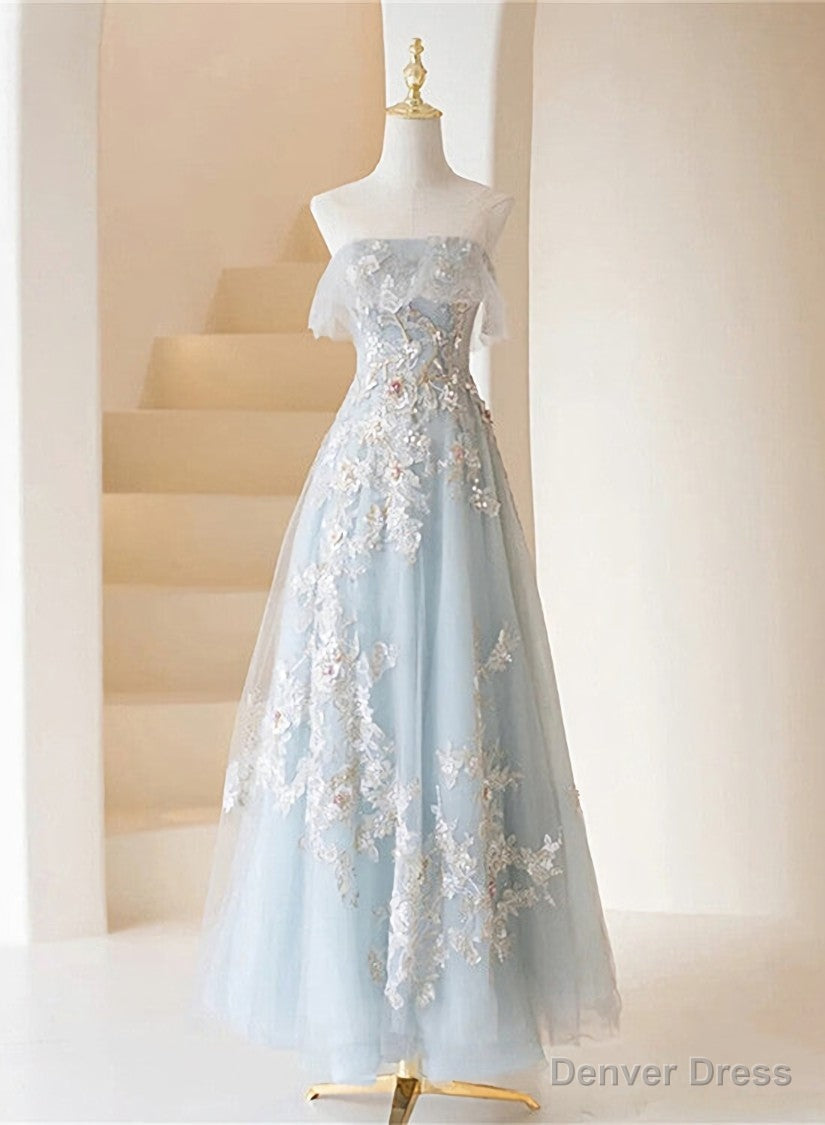 Light Blue Prom Dress Fairy,Long Blue Tulle Floral Appliques Prom Dresses