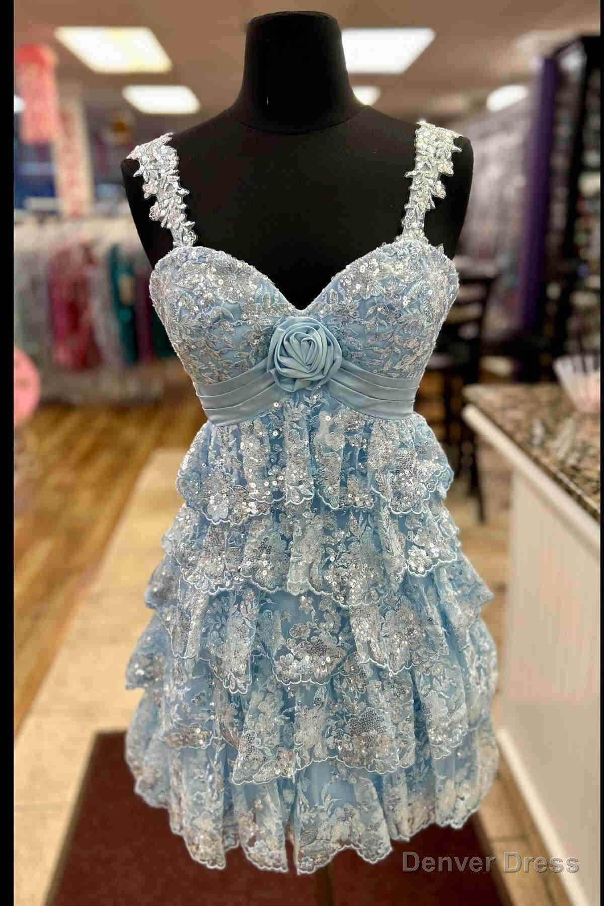 Light Blue Rosette Sequin Baby Doll Short Party Dress