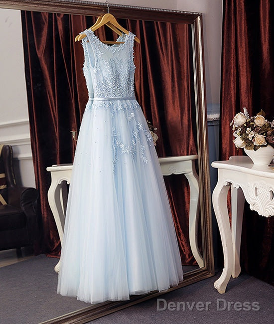 Light Blue Round Neck Lace Tulle Long Prom Dress Blue Evening Dress Main image