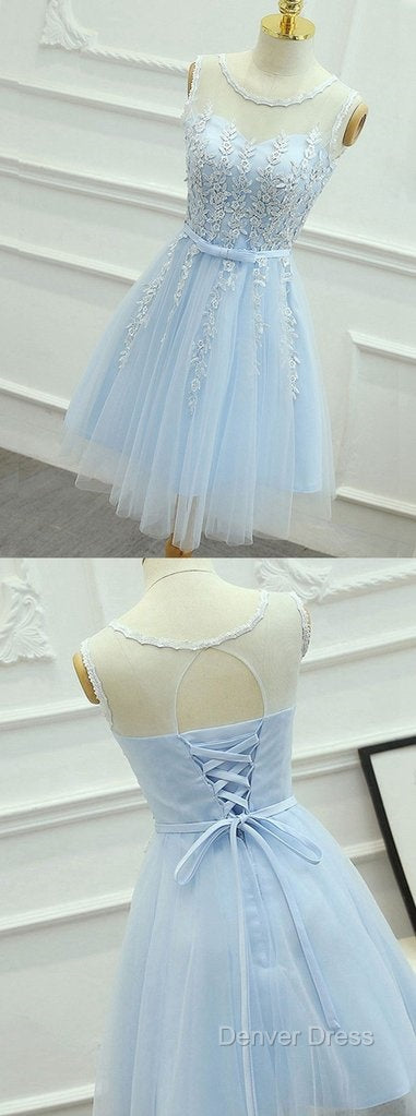 Light Blue Round Neckline Short Pretty Homecoming Dresses, Light Blue Wedding Party Dresses Secondary image