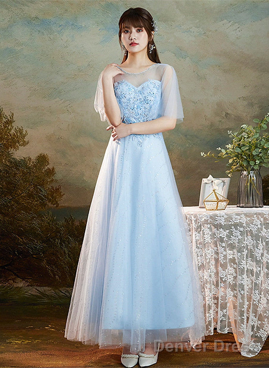 Light Blue Round Neckline Sweetheart Long Party Dress, A-Line Blue Bridesmaid Dresses