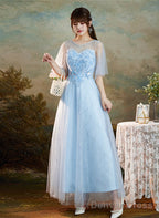 Light Blue Round Neckline Sweetheart Long Party Dress, A-Line Blue Bridesmaid Dresses