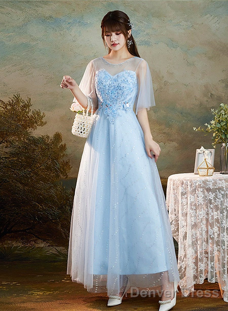 Light Blue Round Neckline Sweetheart Long Prom Dress, A Line Blue Bridesmaid Dresses Main image