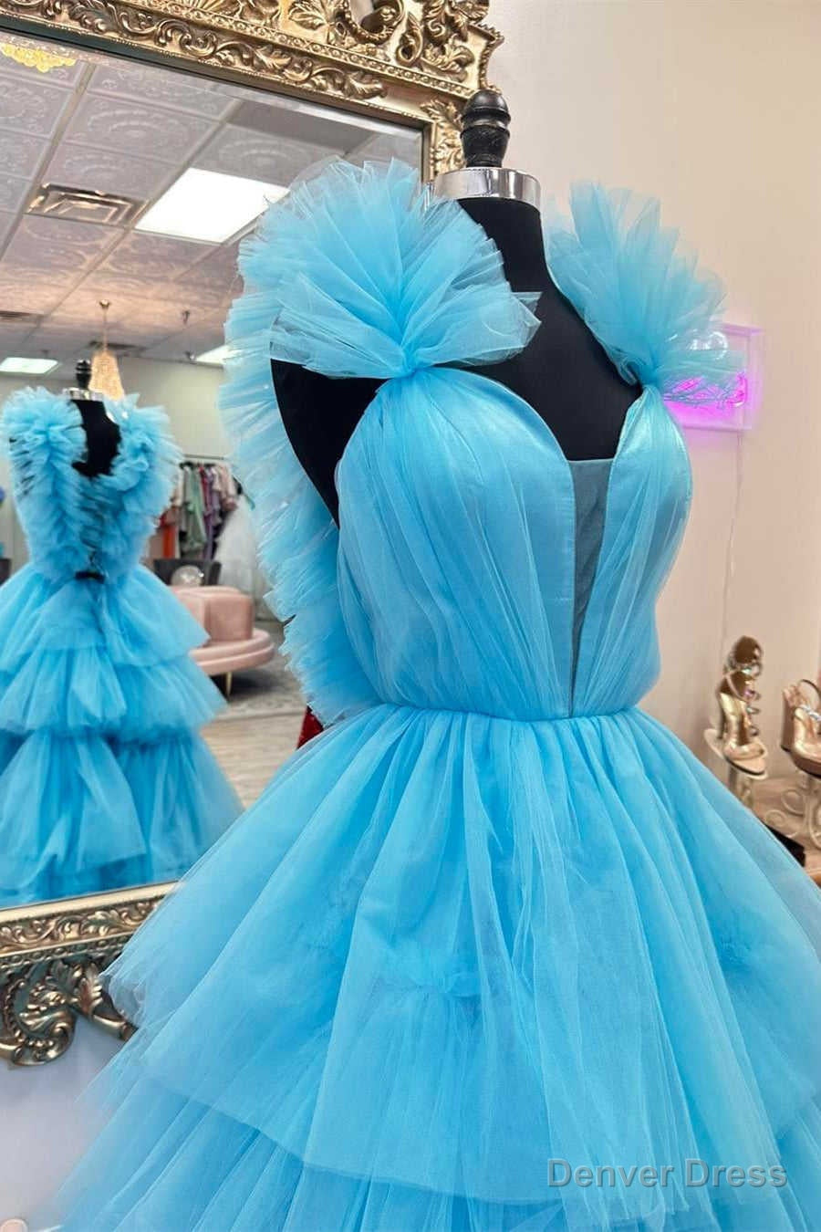 Light Blue Ruffle Straps A Line Tiered Prom Dresses Secondary image
