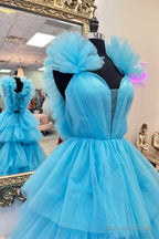 Light Blue Ruffle Straps A Line Tiered Prom Dresses