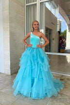 Light Blue Ruffle Straps A Line Tiered Prom Dresses