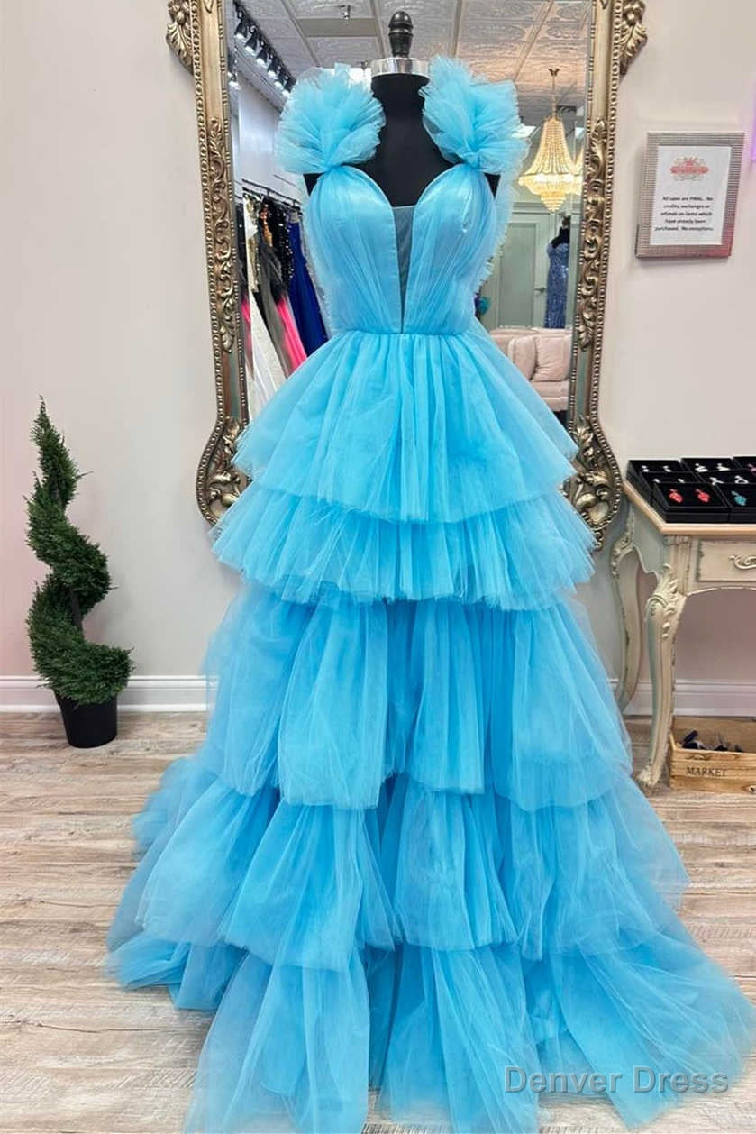 Light Blue Ruffle Straps A Line Tiered Prom Dresses