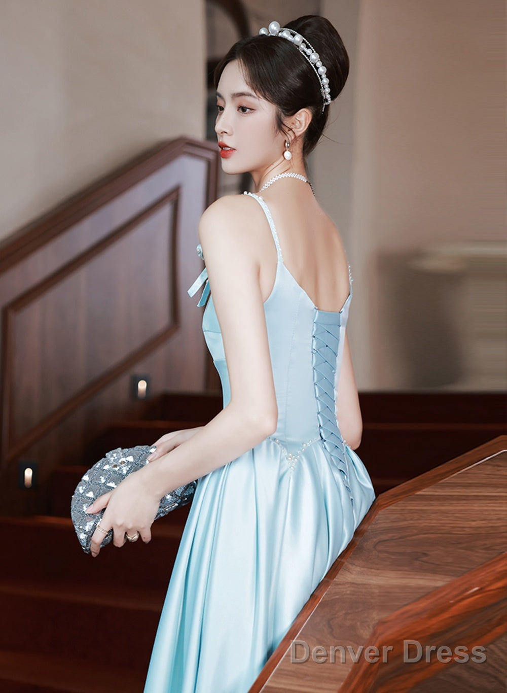 Light Blue Satin A Line Long Straps Beaded Prom Dress, Blue Long Prom Dresses