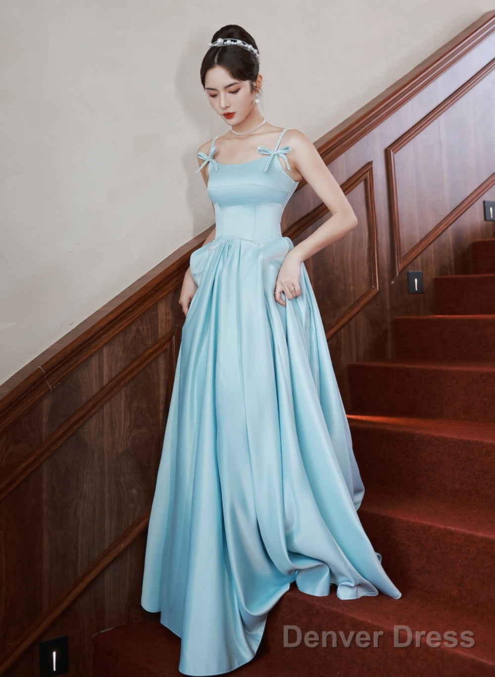 Light Blue Satin A Line Long Straps Beaded Prom Dress, Blue Long Prom Dresses