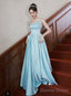 Light Blue Satin A Line Long Straps Beaded Prom Dress, Blue Long Prom Dresses