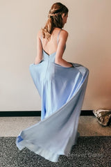 light blue satin a line prom dress