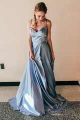 light blue satin a line prom dress