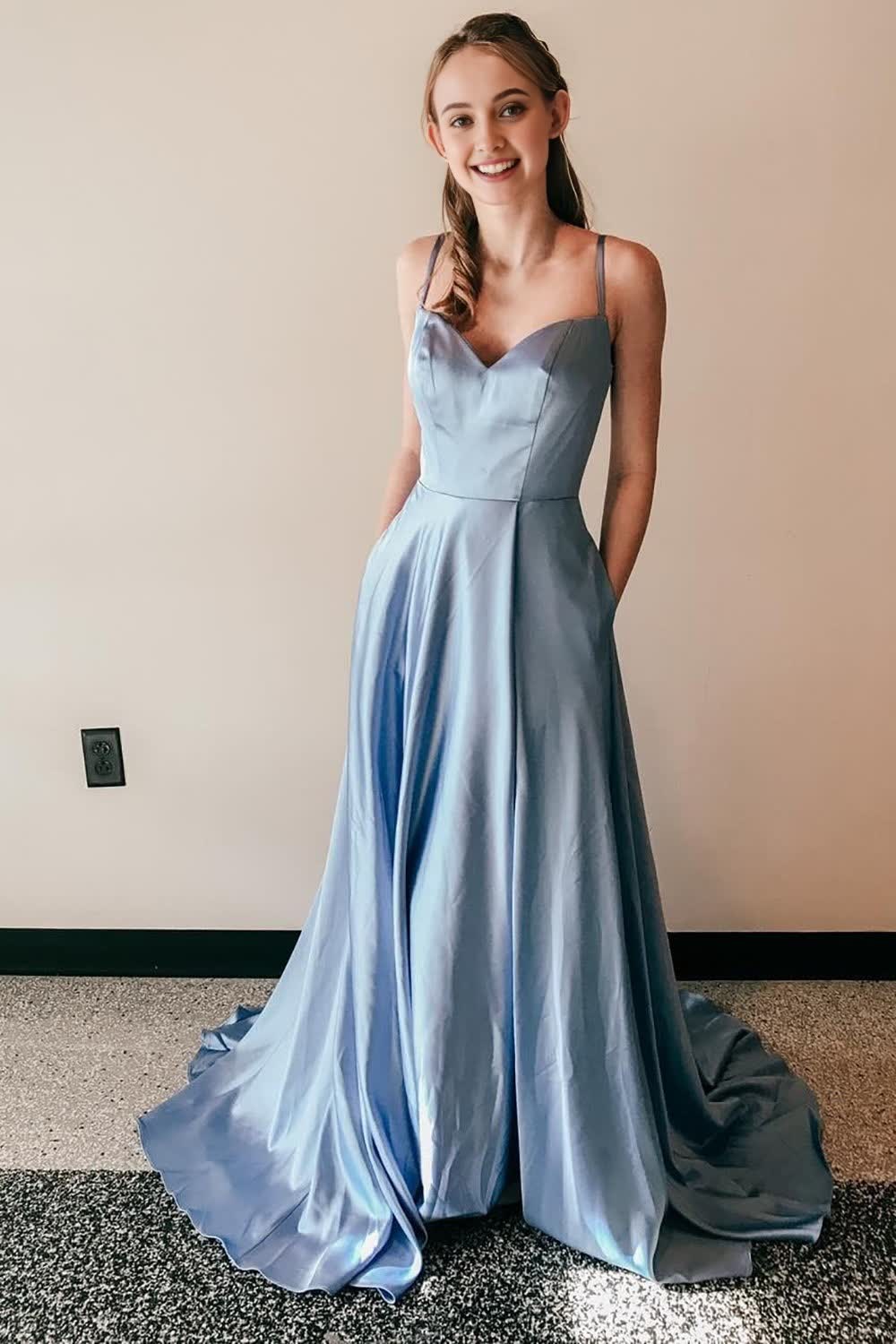 light blue satin a line prom dress