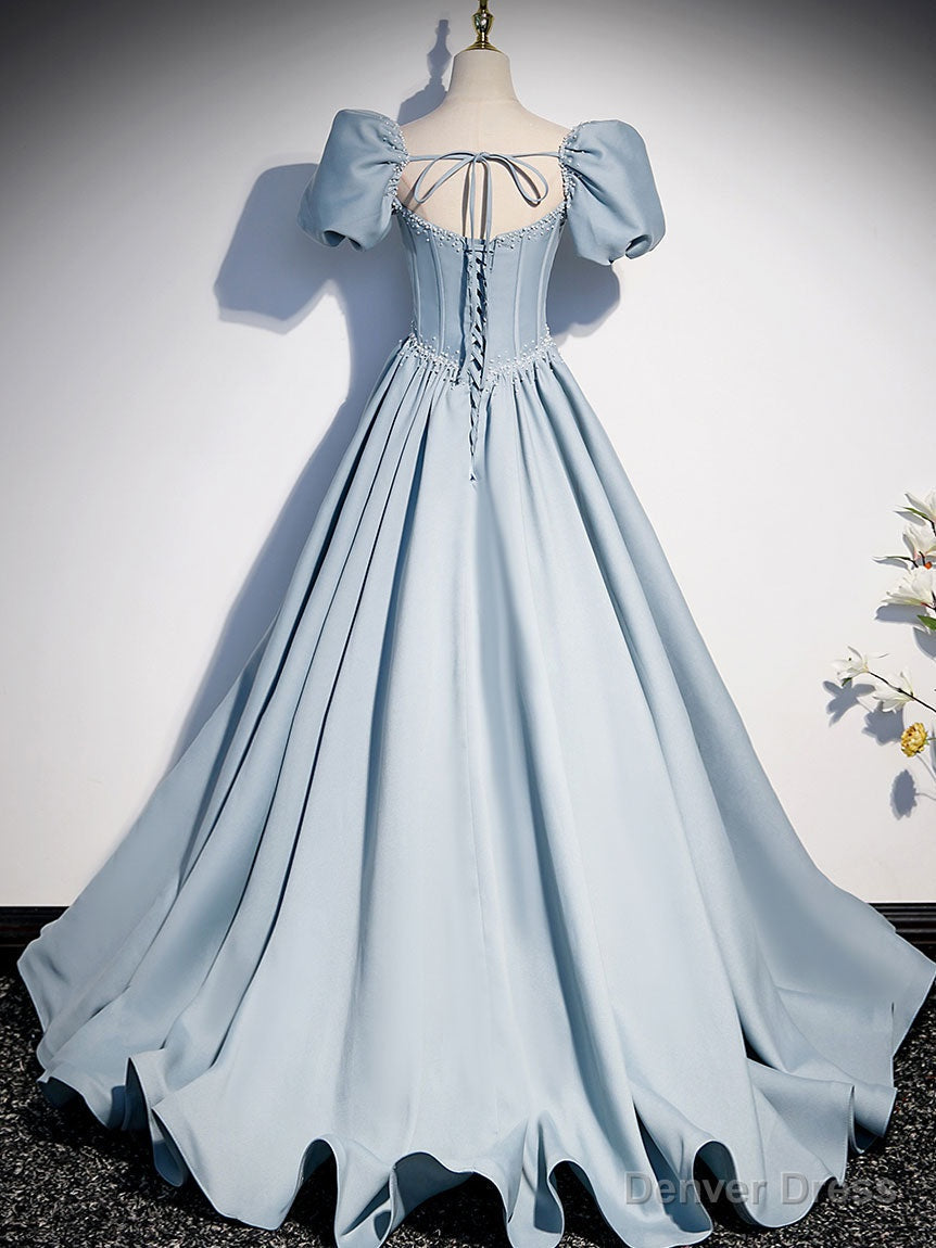 Light Blue Satin Long Prom Dress, Light Blue Prom Sweet 16 Dresses