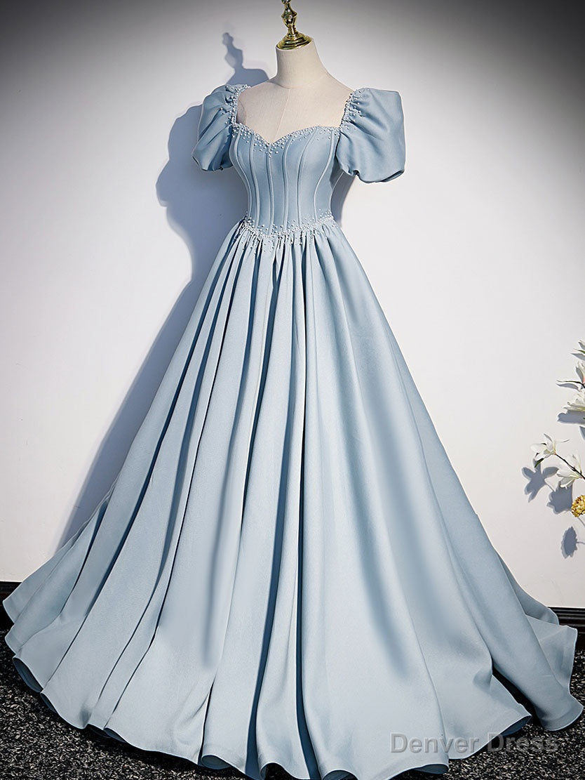Light Blue Satin Long Prom Dress, Light Blue Prom Sweet 16 Dresses
