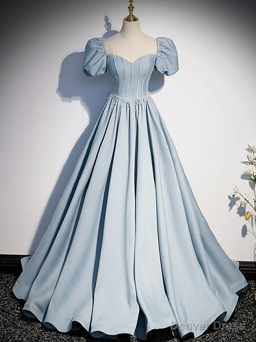 Light Blue Satin Long Prom Dress, Light Blue Prom Sweet 16 Dresses