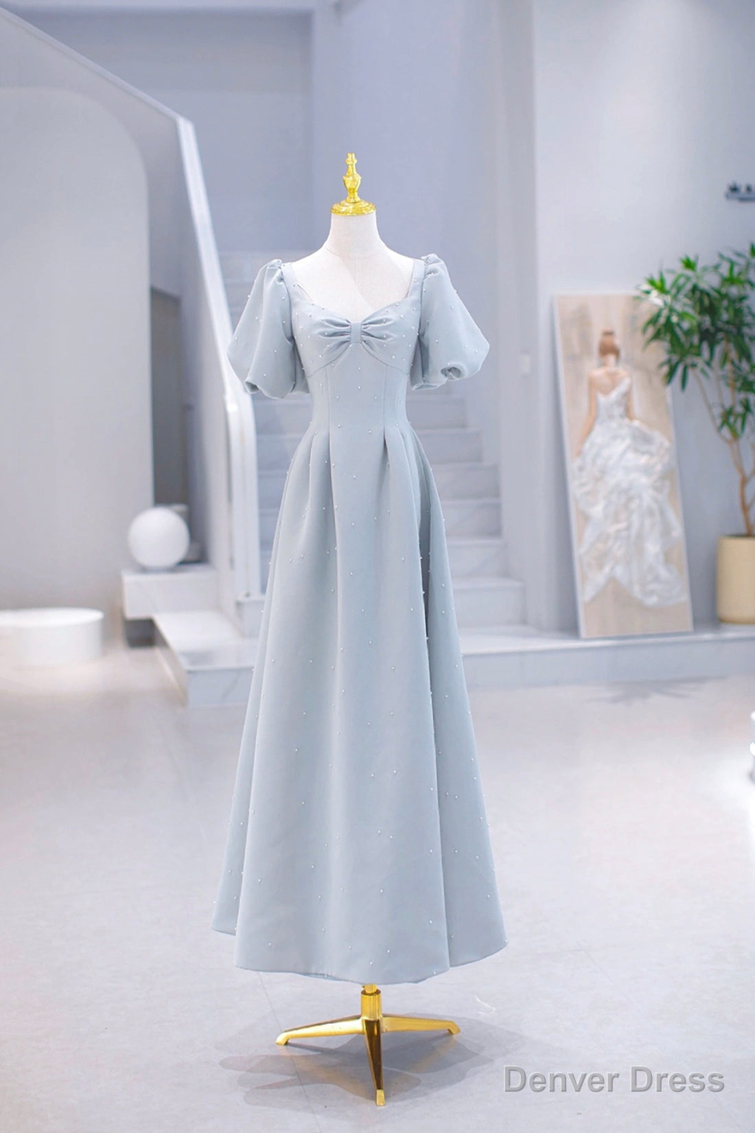 Light Blue Satin Long Prom Dress with Pearls, A-Line Short Sleeve Party Dress Secondary image
