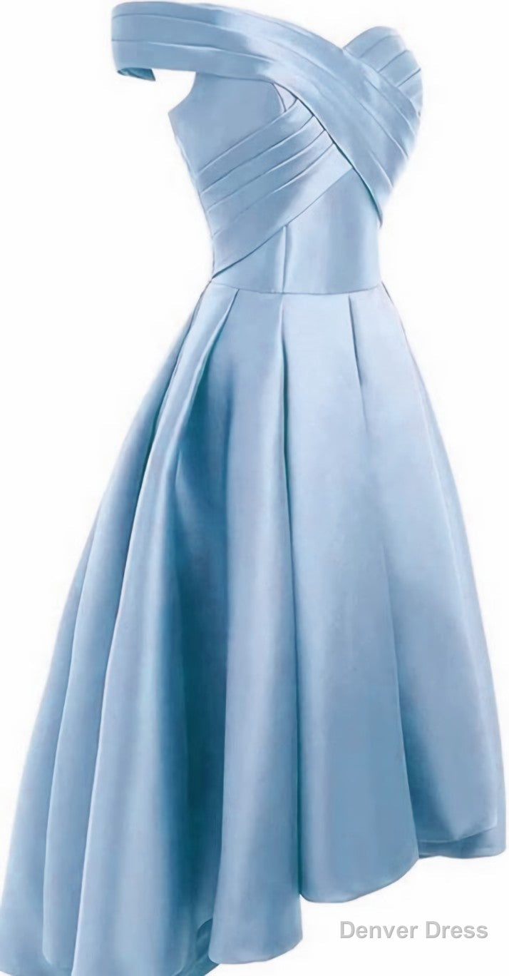 Light Blue Satin Off Shoulder High Low Prom Dress Homecoming Dress, Short Prom Dresses