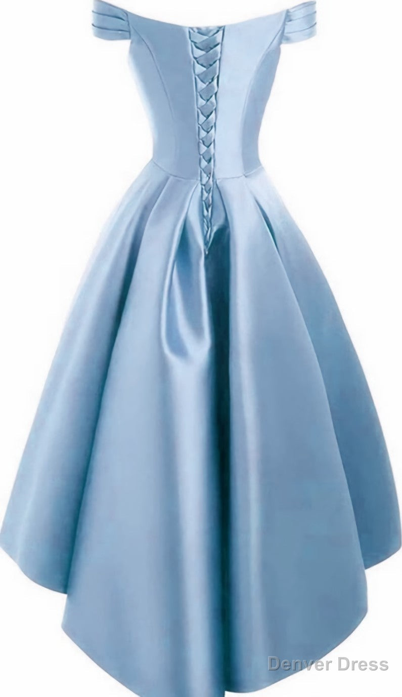 Light Blue Satin Off Shoulder High Low Prom Dress Homecoming Dress, Short Prom Dresses