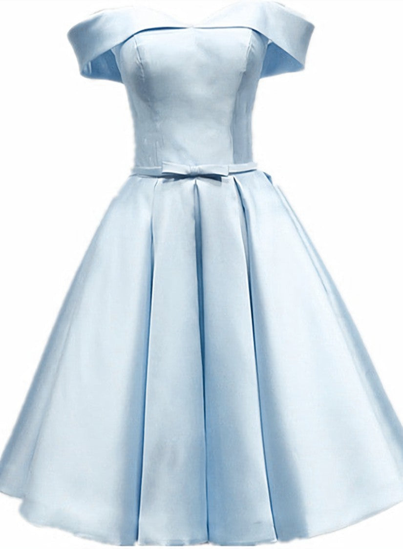 Light Blue Satin Off Shoulder Knee Length Homeoming Dress, Blue Short Prom Dresses