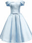 Light Blue Satin Off Shoulder Knee Length Homeoming Dress, Blue Short Prom Dresses