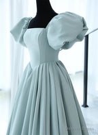 Light Blue Satin Open Back Lopng Prom Dress, Blue A Line Wedding Prom Dresses