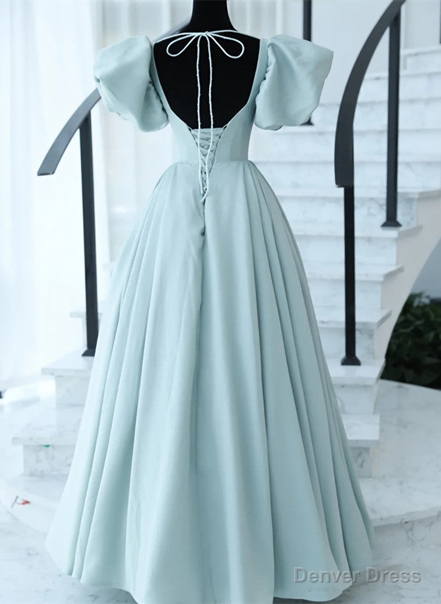 Light Blue Satin Open Back Lopng Prom Dress, Blue A Line Wedding Prom Dresses Secondary image
