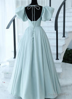 Light Blue Satin Open Back Lopng Prom Dress, Blue A Line Wedding Prom Dresses