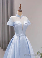 Light Blue Satin Short Sleeves High Neckline Long Prom Dress, New Style Prom Dress