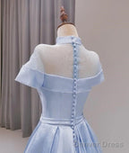 Light Blue Satin Short Sleeves High Neckline Long Prom Dress, New Style Prom Dress