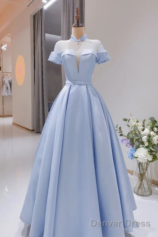 Light Blue Satin Short Sleeves High Neckline Long Prom Dress, New Style Prom Dress