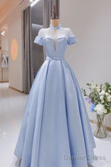 Light Blue Satin Short Sleeves High Neckline Long Evening Dress, New Style Party Dress Formal Dress