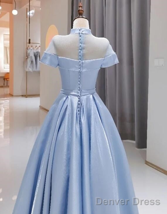 Light Blue Satin Short Sleeves High Neckline Long Prom Dress, New Style Prom Dress