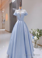 Light Blue Satin Short Sleeves High Neckline Long Prom Dress, New Style Prom Dress