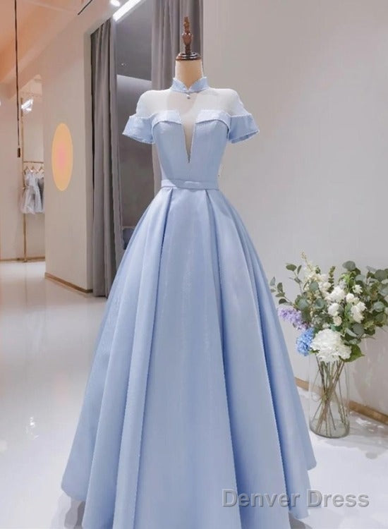 Light Blue Satin Short Sleeves High Neckline Long Prom Dress, New Style Prom Dress