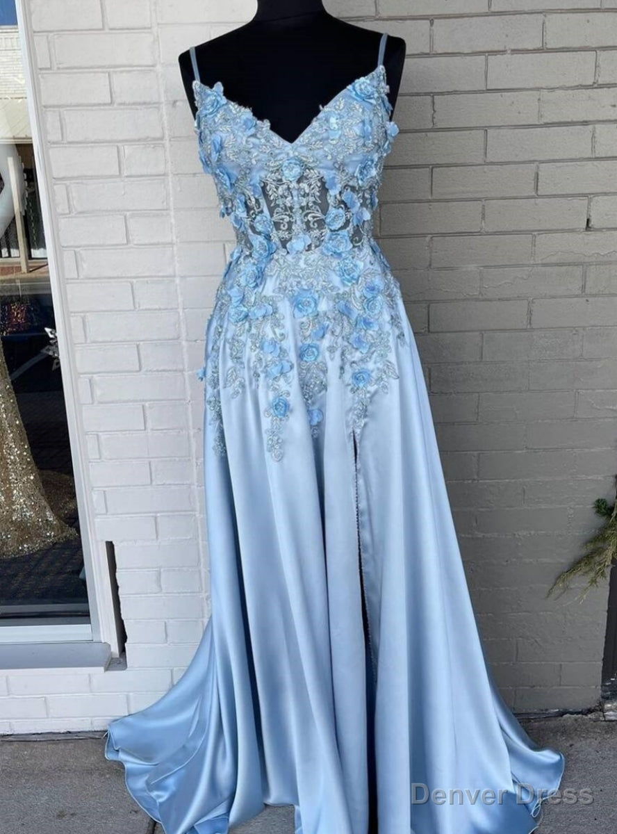 Light Blue Satin Spaghetti Straps 3D Flower Prom Dresses