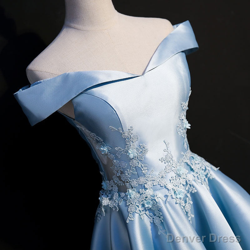 Light Blue Satin with Lace Applique High Low Homecoming Dress, Blue Short Off Shoulder Prom Dresses
