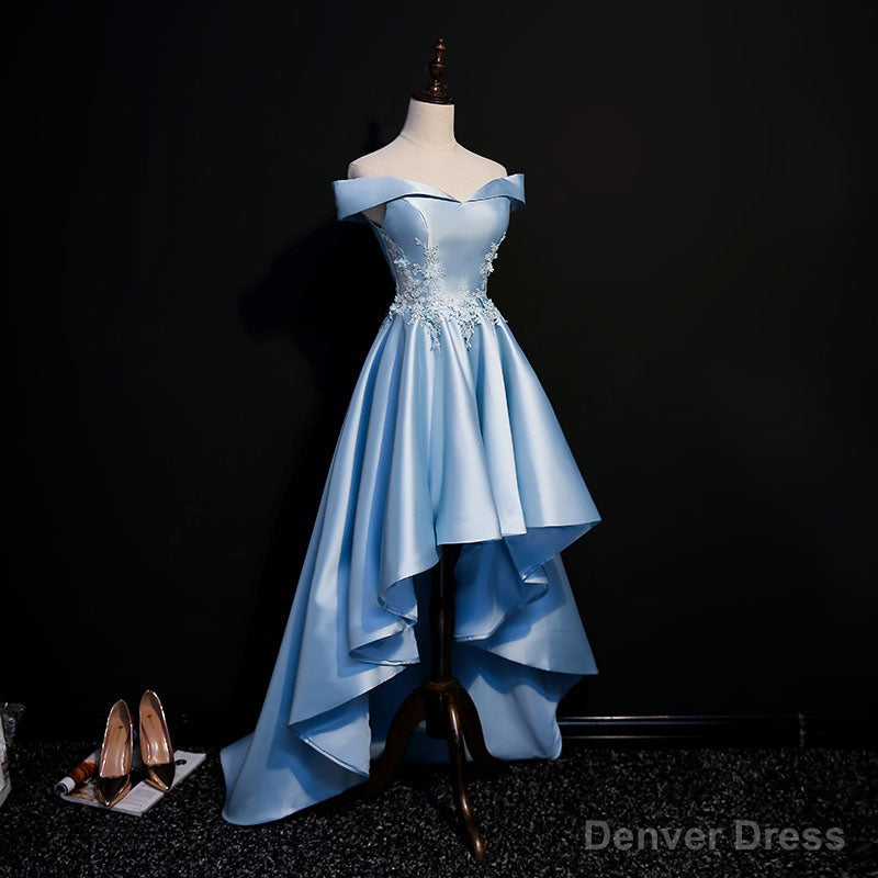 Light Blue Satin with Lace Applique High Low Homecoming Dress, Blue Short Off Shoulder Formal Dress Main image