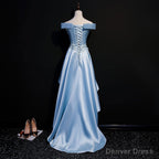 Light Blue Satin with Lace Applique High Low Homecoming Dress, Blue Short Off Shoulder Prom Dresses