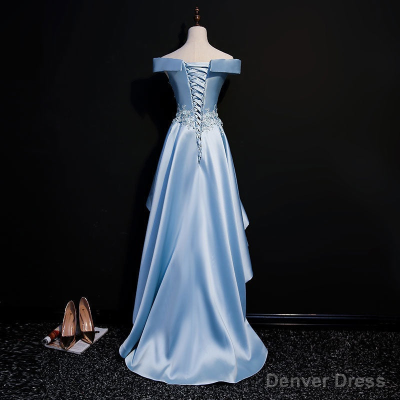 Light Blue Satin with Lace Applique High Low Homecoming Dress, Blue Short Off Shoulder Prom Dresses