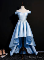 Light Blue Satin with Lace Applique High Low Homecoming Dress, Blue Short Off Shoulder Prom Dresses