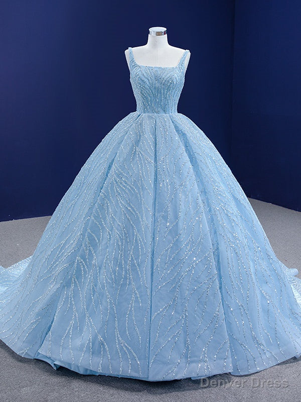 Light Blue Sequins Beading Straps Backless Prom Dresses Main image